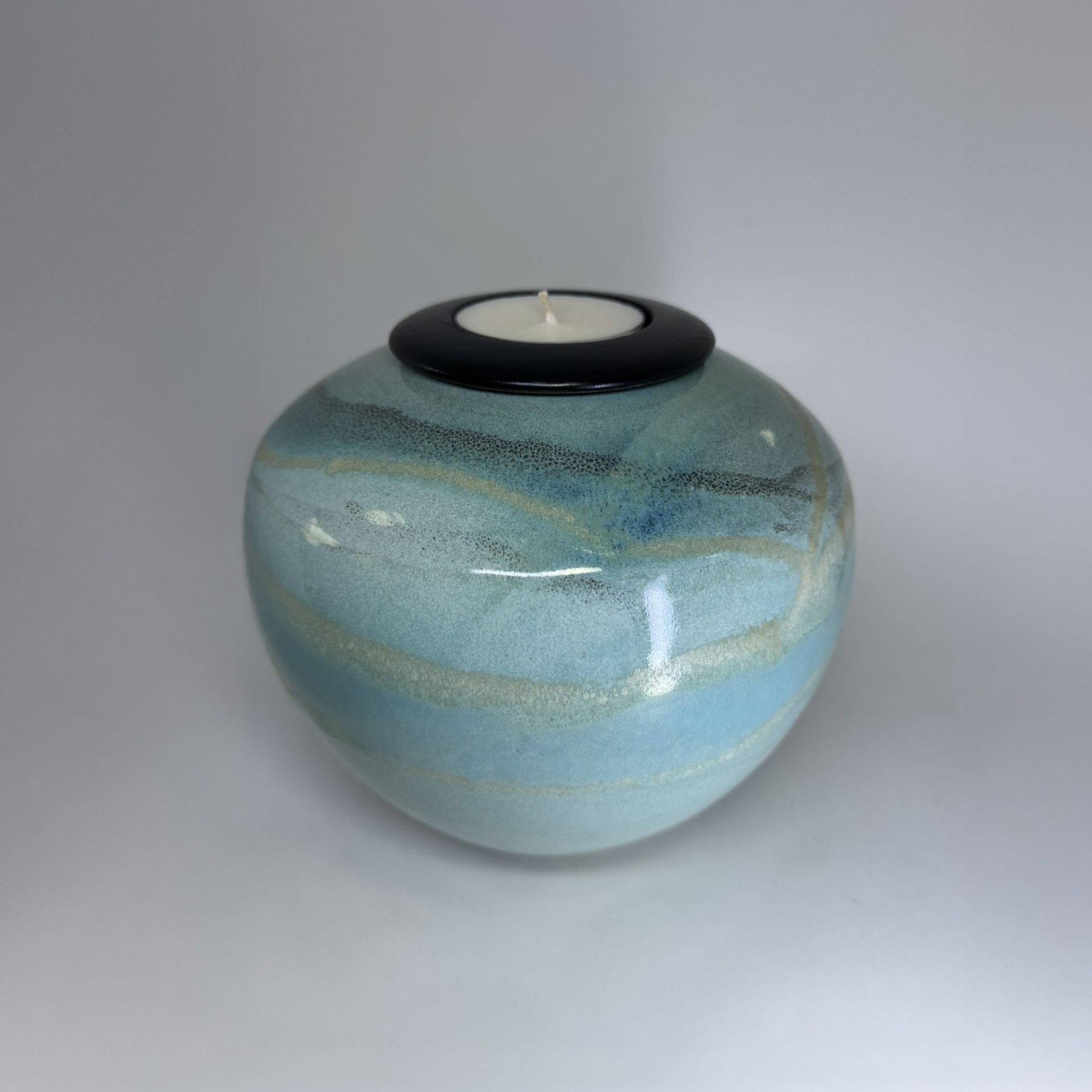 Seagem - Medium Cremation Urn 2500ml (2) Handmade ceramic memorial urn in turquoise and teal ocean glaze with flowing wave pattern