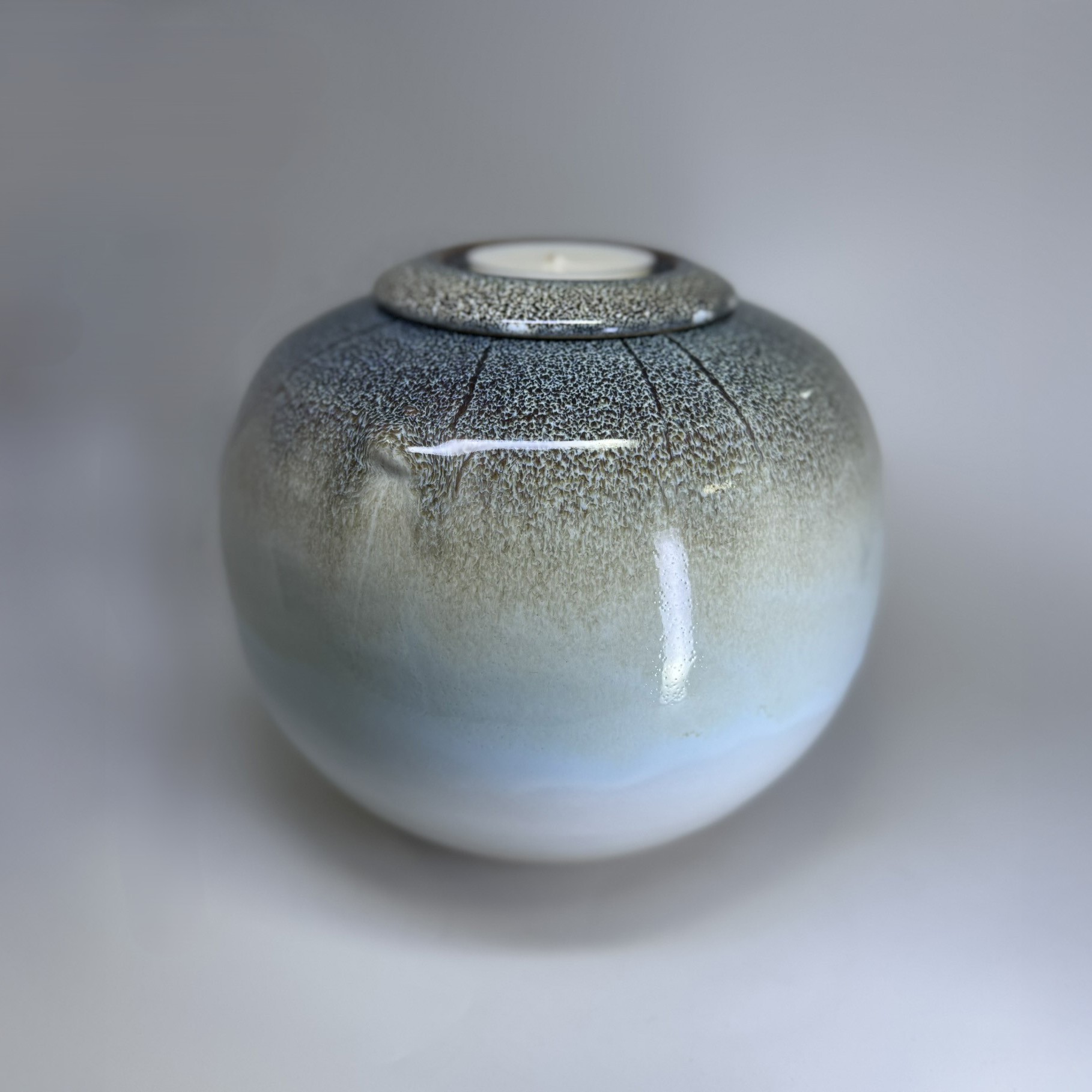 Solstice large ceramic cremation urn with charcoal to white ombre glaze and tealight holder